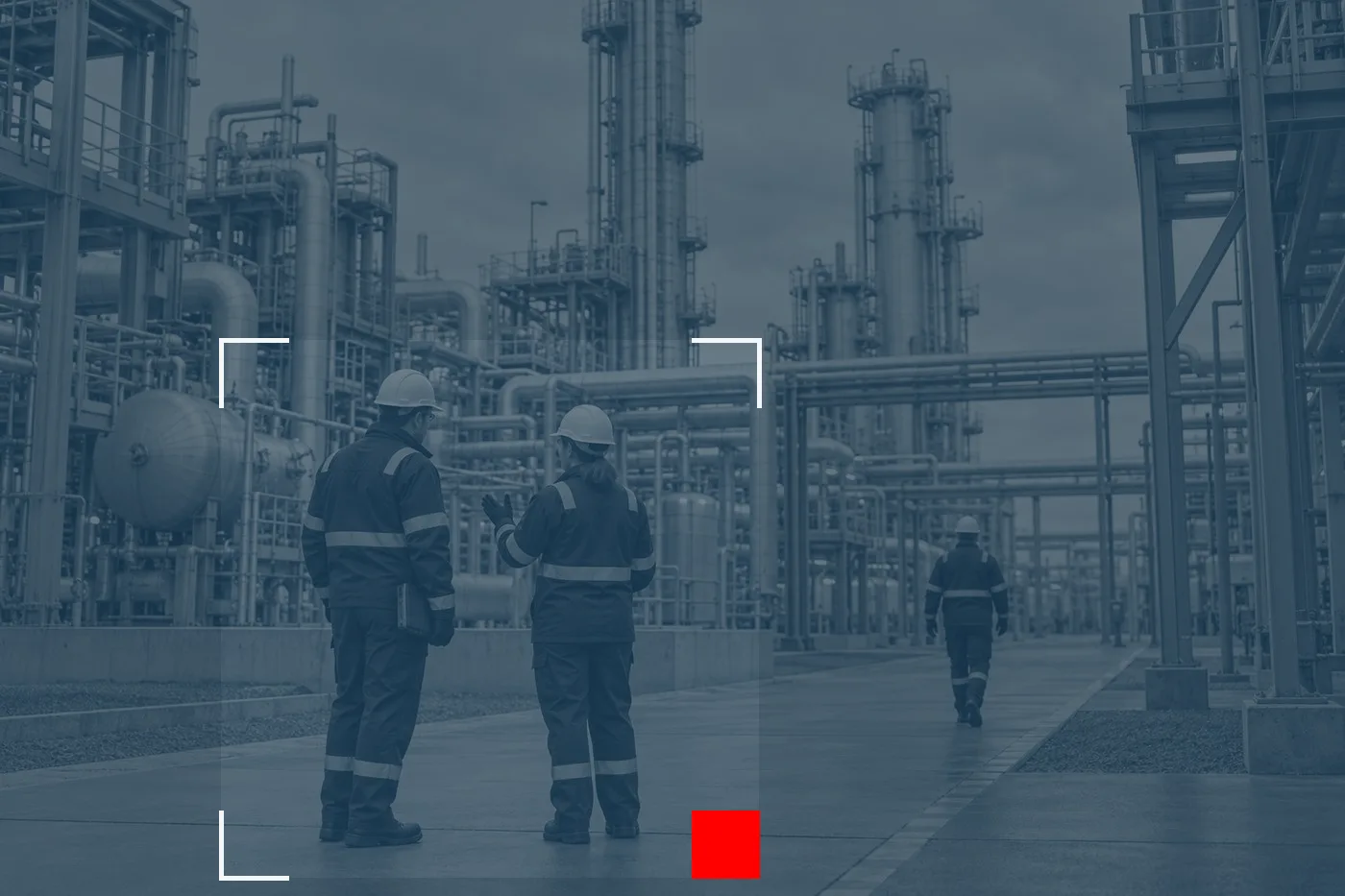 Engineer on an elevated walkway through an industrial process plant, with focus and reference marks over key details